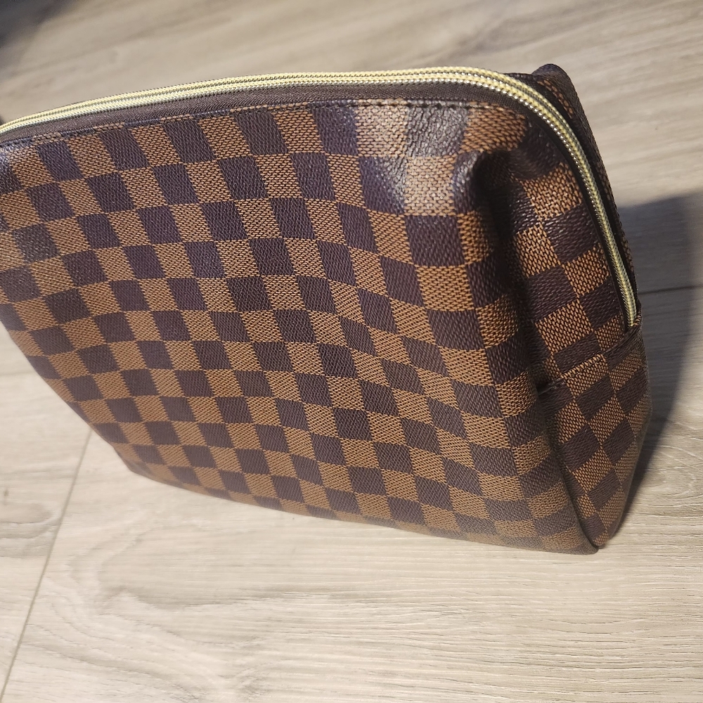 Brown Checkered Cosmetic Bag